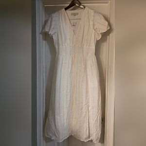 LOFT Elegant White Midi Dress with Gold Accents